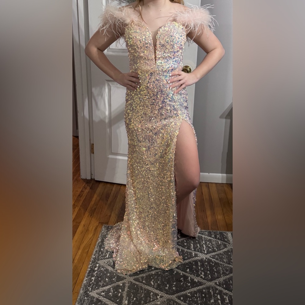 Sequin High-Slit Evening Dress in Iridescent Pink